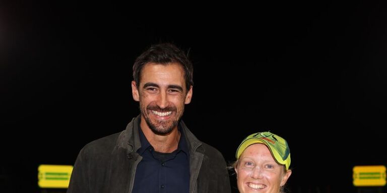 Mitchell Starc celebrates wife Alyssa Healy’s hundred from the stands during World Cup final